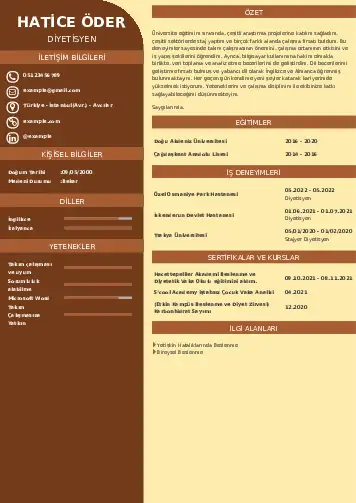 Beslenme Uzmanı Diyetisyen CV Örnekleri cv indir